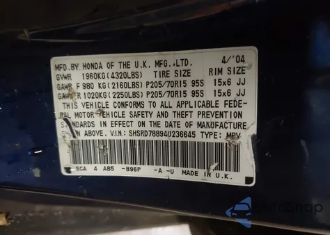 2004 Honda Cr-V Ex из США, поврежденный, VIN SHSRD78894U236645